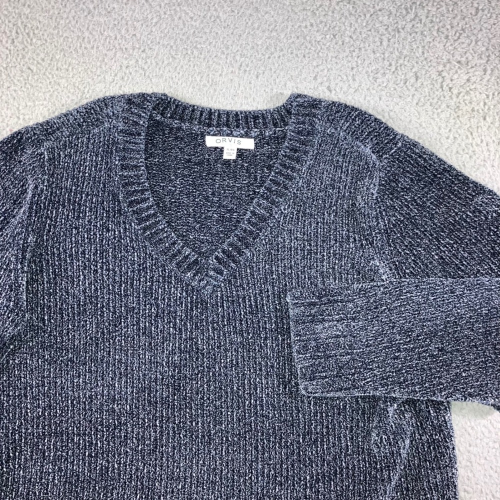ORVIS V Neck Chenille Knit Sweater Women XL Blue Marled Long Sleeve Cozy‎ Casual